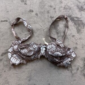 Lise Charmel Bra Womens 34C Brown Blue Lace Embroidered Floral France Sheer Sexy